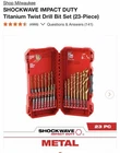 Milwaukee Shockwave Impact Duty Titanium Twist Drill Bit Set 23PCS Quad Edge Tip New. Price: $25.00.
